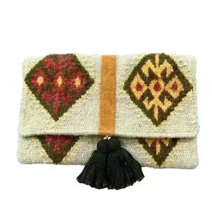 The Royal Standard Perama Clutch Grey/Red/Camel with Black Cotton Tassels